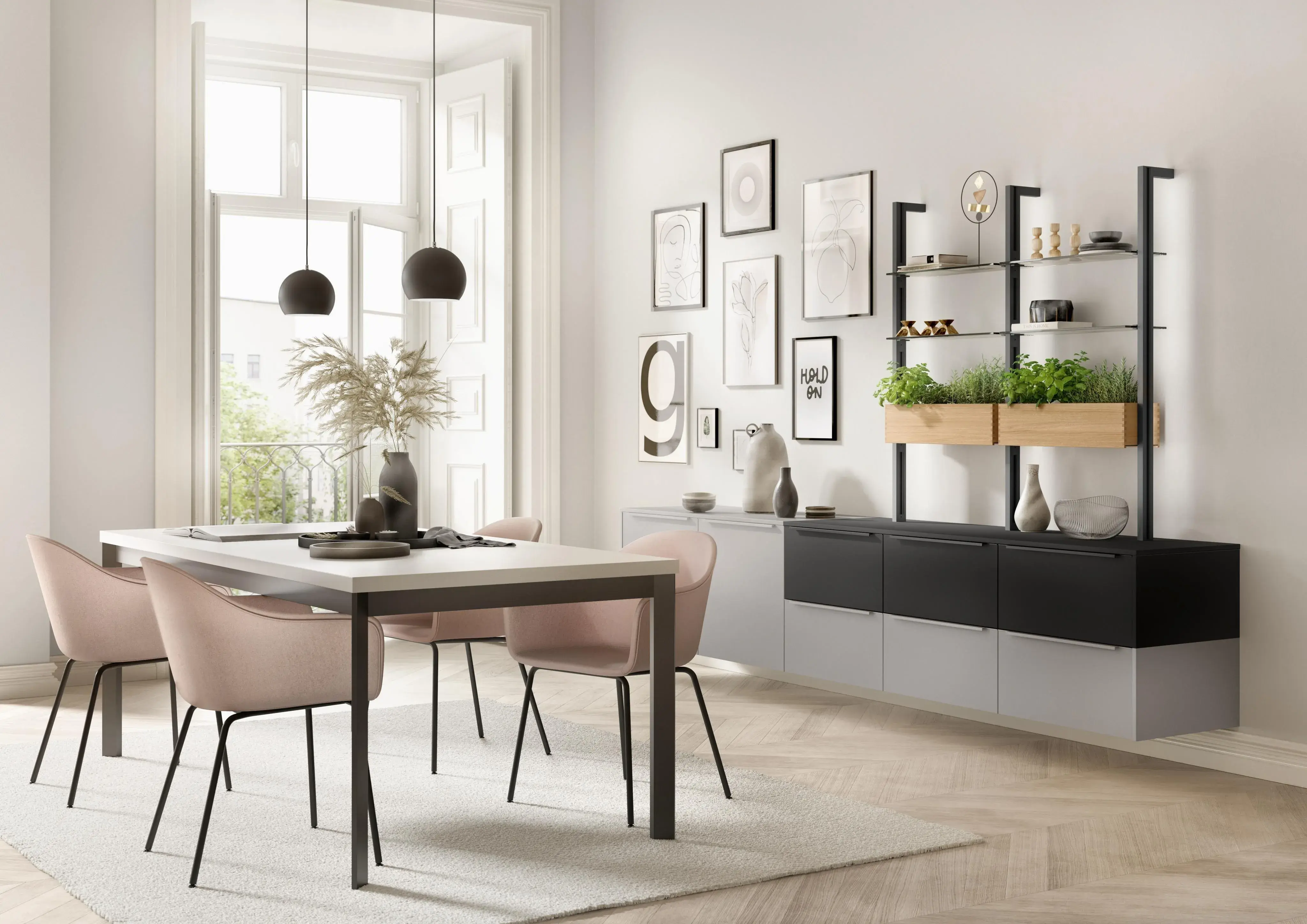 Esszimmer Tisch Stühle Nobilia Sideboard Regale grau schwarz